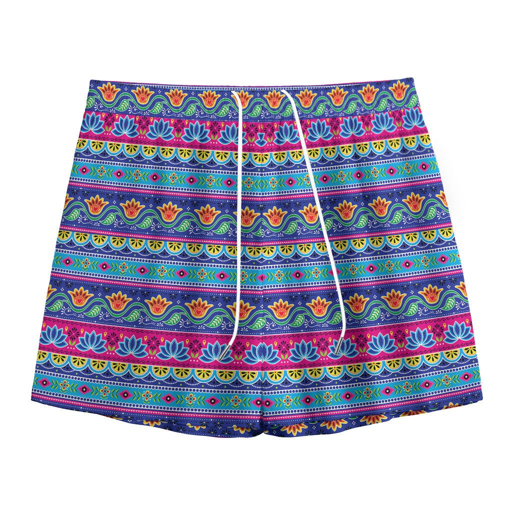 Boho Indian Lotus Pattern Print Mesh Shorts