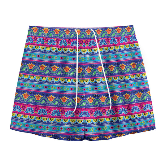 Boho Indian Lotus Pattern Print Mesh Shorts