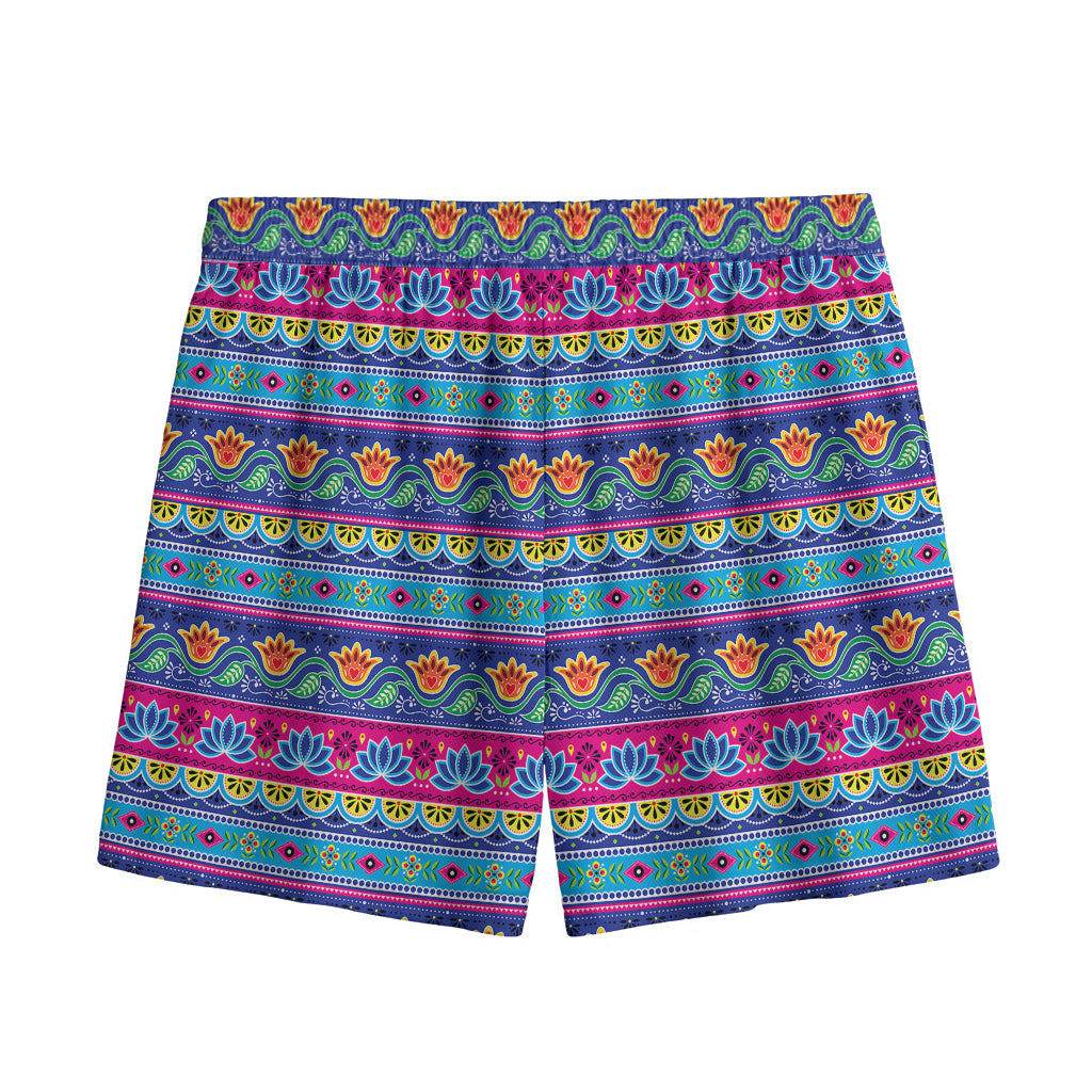 Boho Indian Lotus Pattern Print Mesh Shorts