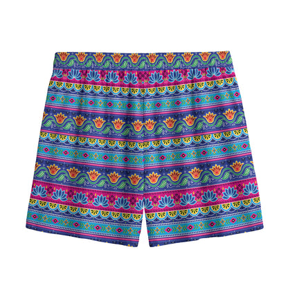 Boho Indian Lotus Pattern Print Mesh Shorts