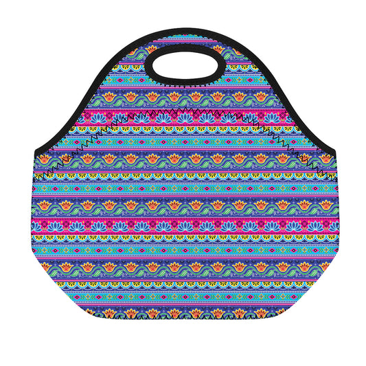 Boho Indian Lotus Pattern Print Neoprene Lunch Bag
