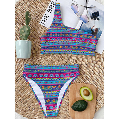 Boho Indian Lotus Pattern Print One Shoulder Bikini Top