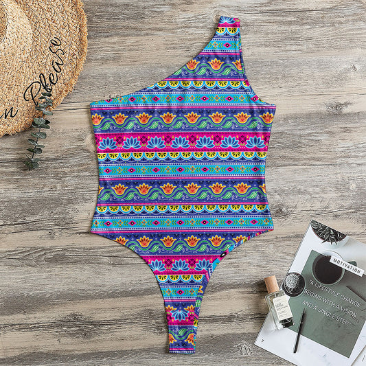Boho Indian Lotus Pattern Print One Shoulder Bodysuit