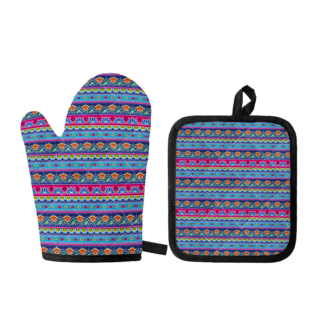 Boho Indian Lotus Pattern Print Oven Mitt And Pot Holder Set