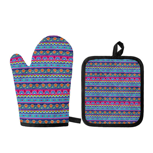 Boho Indian Lotus Pattern Print Oven Mitt And Pot Holder Set