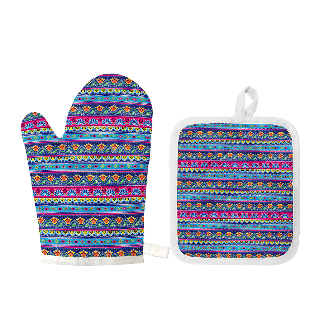 Boho Indian Lotus Pattern Print Oven Mitt And Pot Holder Set