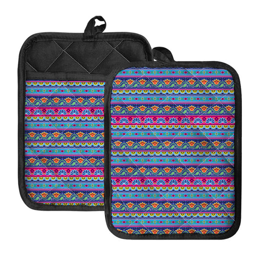 Boho Indian Lotus Pattern Print Pot Holders With Pocket