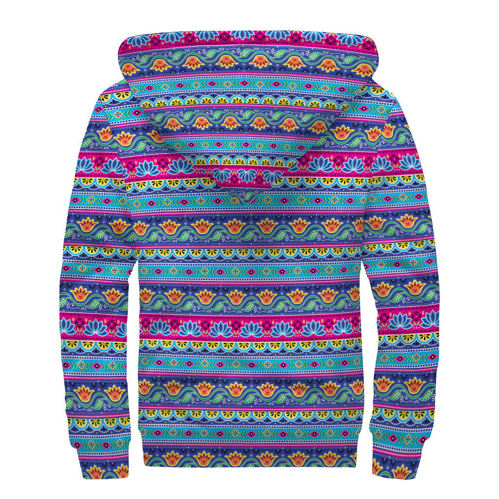 Boho Indian Lotus Pattern Print Sherpa Lined Zip Up Hoodie