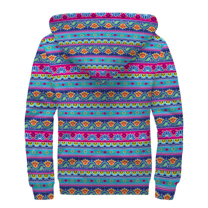 Boho Indian Lotus Pattern Print Sherpa Lined Zip Up Hoodie