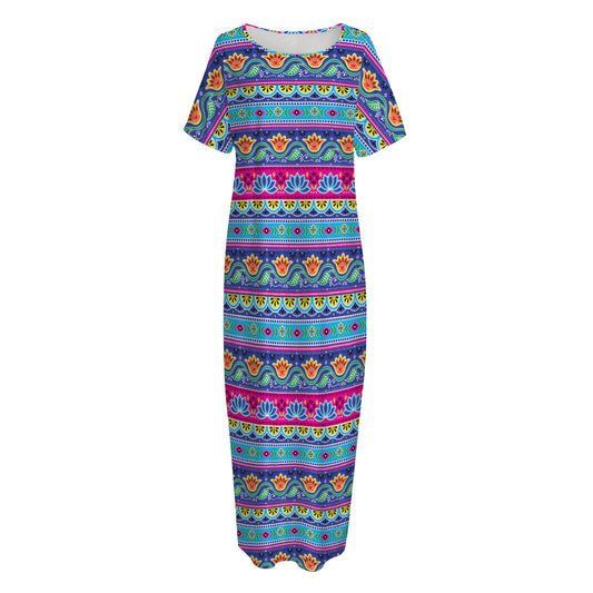 Boho Indian Lotus Pattern Print Short Sleeve Long Nightdress