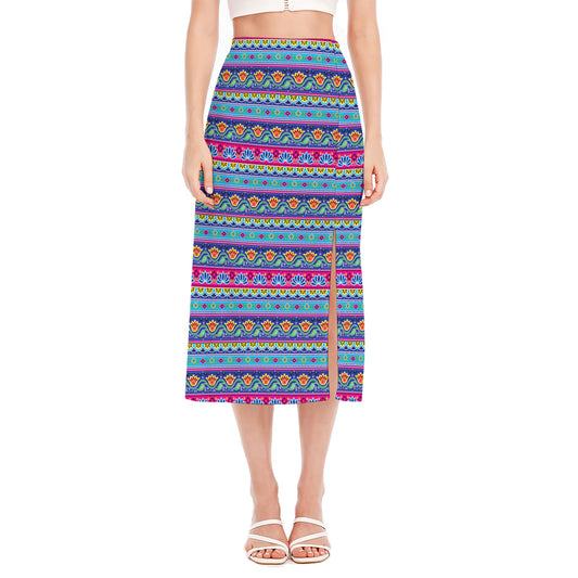 Boho Indian Lotus Pattern Print Side Slit Midi Skirt