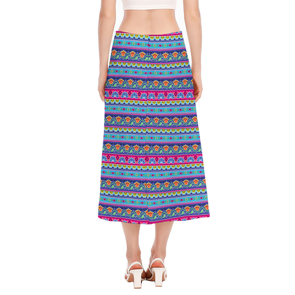 Boho Indian Lotus Pattern Print Side Slit Midi Skirt