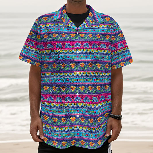 Boho Indian Lotus Pattern Print Textured Short Sleeve Shirt