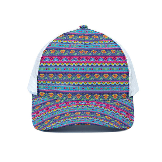 Boho Indian Lotus Pattern Print White Mesh Trucker Cap