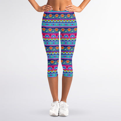 Boho Indian Lotus Pattern Print Women's Capri Leggings