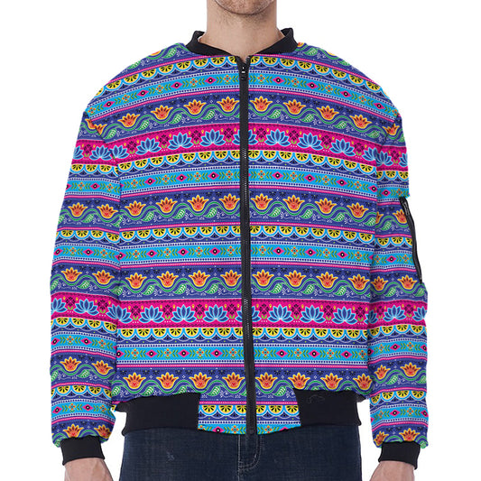 Boho Indian Lotus Pattern Print Zip Sleeve Bomber Jacket