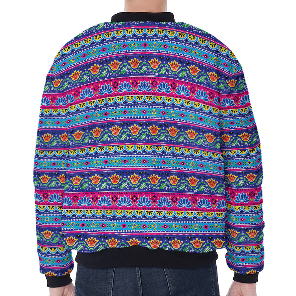 Boho Indian Lotus Pattern Print Zip Sleeve Bomber Jacket