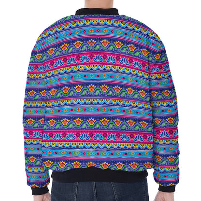Boho Indian Lotus Pattern Print Zip Sleeve Bomber Jacket