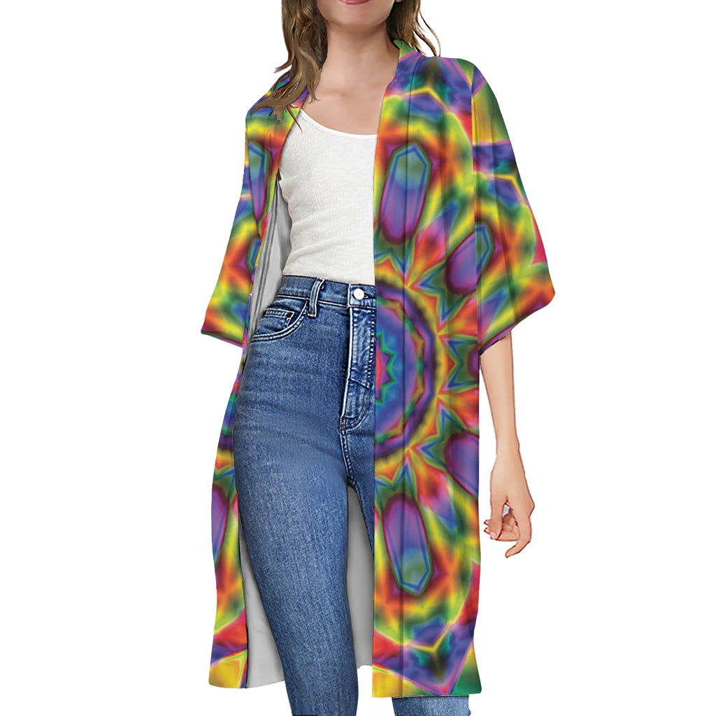 Boho Kaleidoscope Print Open Front Beach Cover Up
