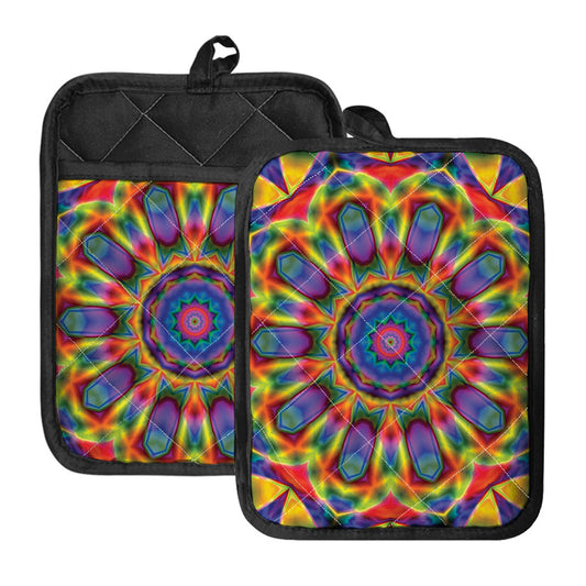 Boho Kaleidoscope Print Pot Holders With Pocket