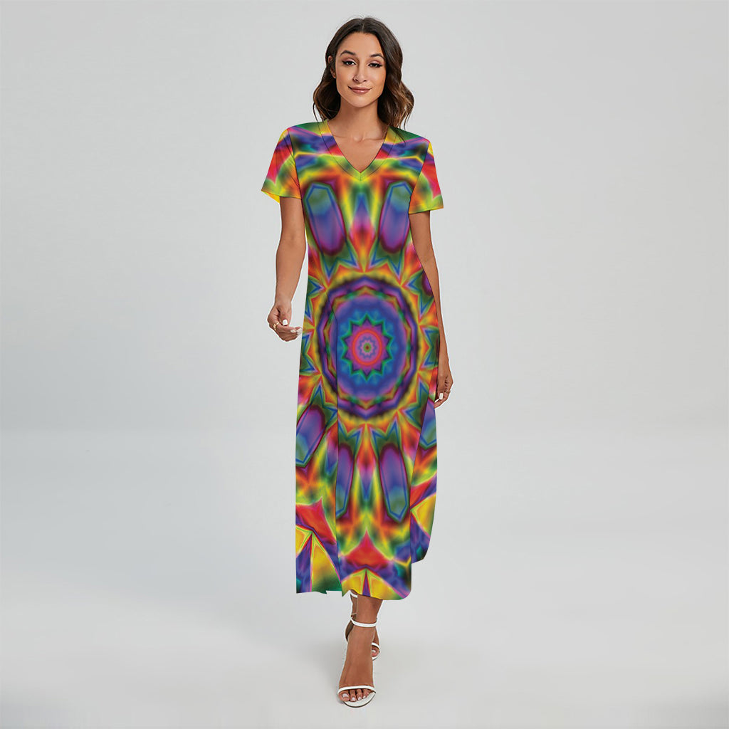 Boho Kaleidoscope Print Short Sleeve Maxi Dress