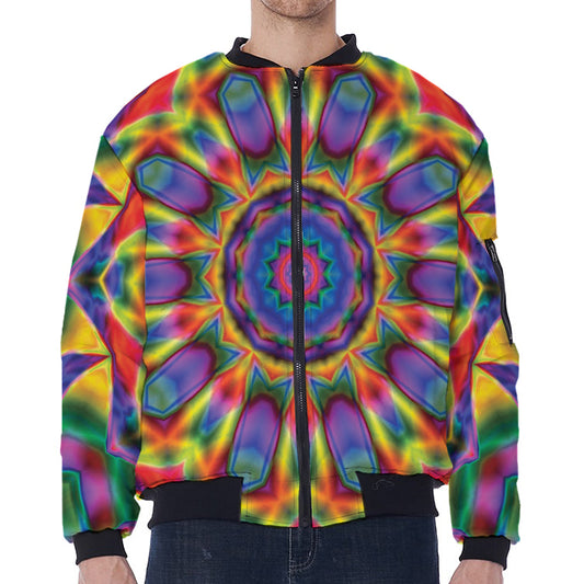 Boho Kaleidoscope Print Zip Sleeve Bomber Jacket