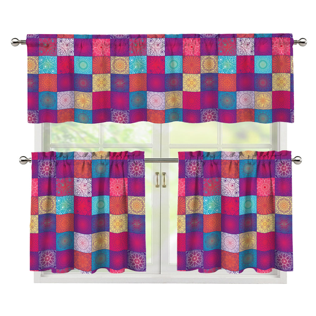 Boho Mandala Patchwork Pattern Print 3 Piece Kitchen Curtains