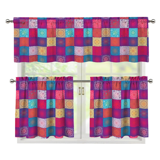 Boho Mandala Patchwork Pattern Print 3 Piece Kitchen Curtains