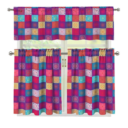Boho Mandala Patchwork Pattern Print 3 Piece Kitchen Curtains