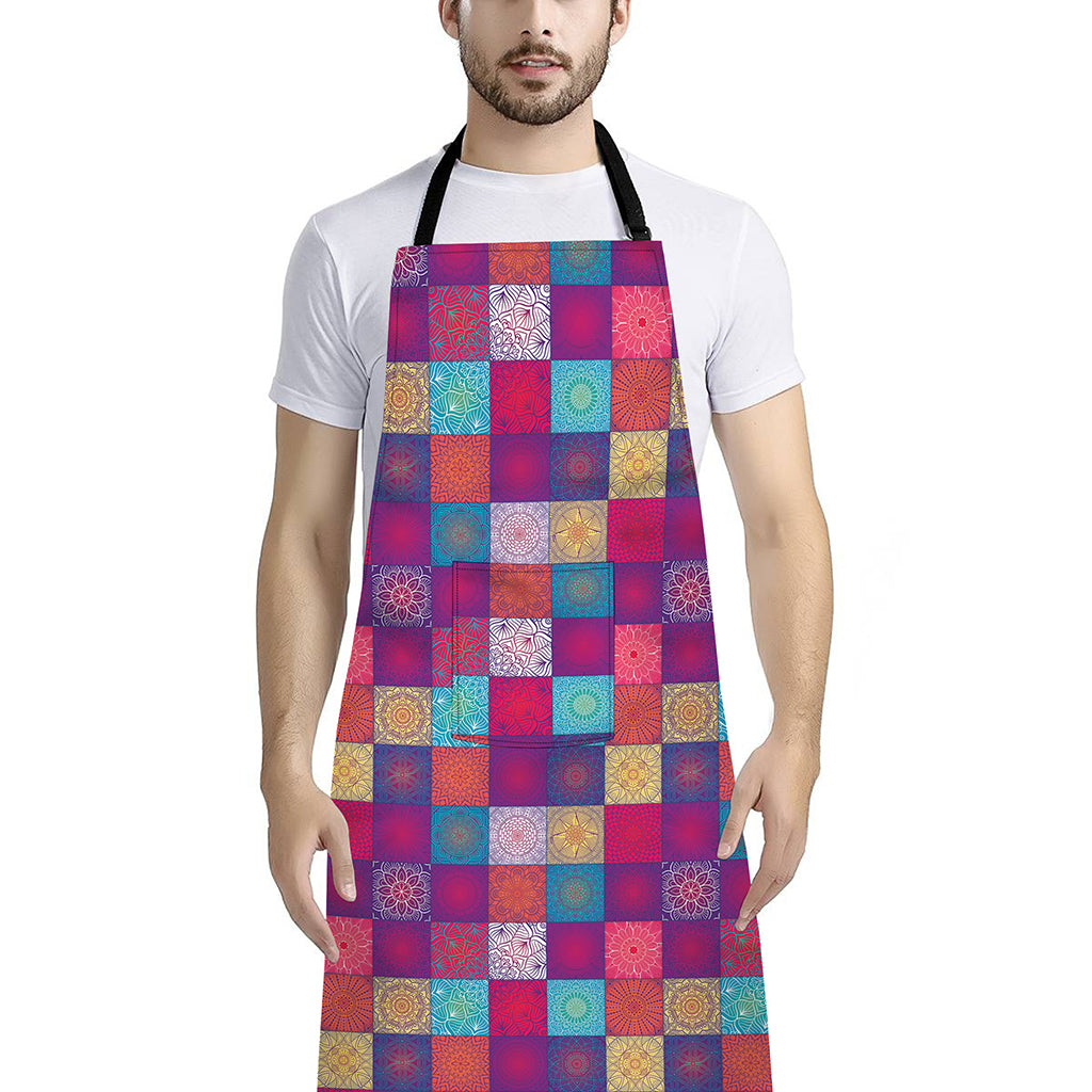 Boho Mandala Patchwork Pattern Print Bib Apron With Pocket