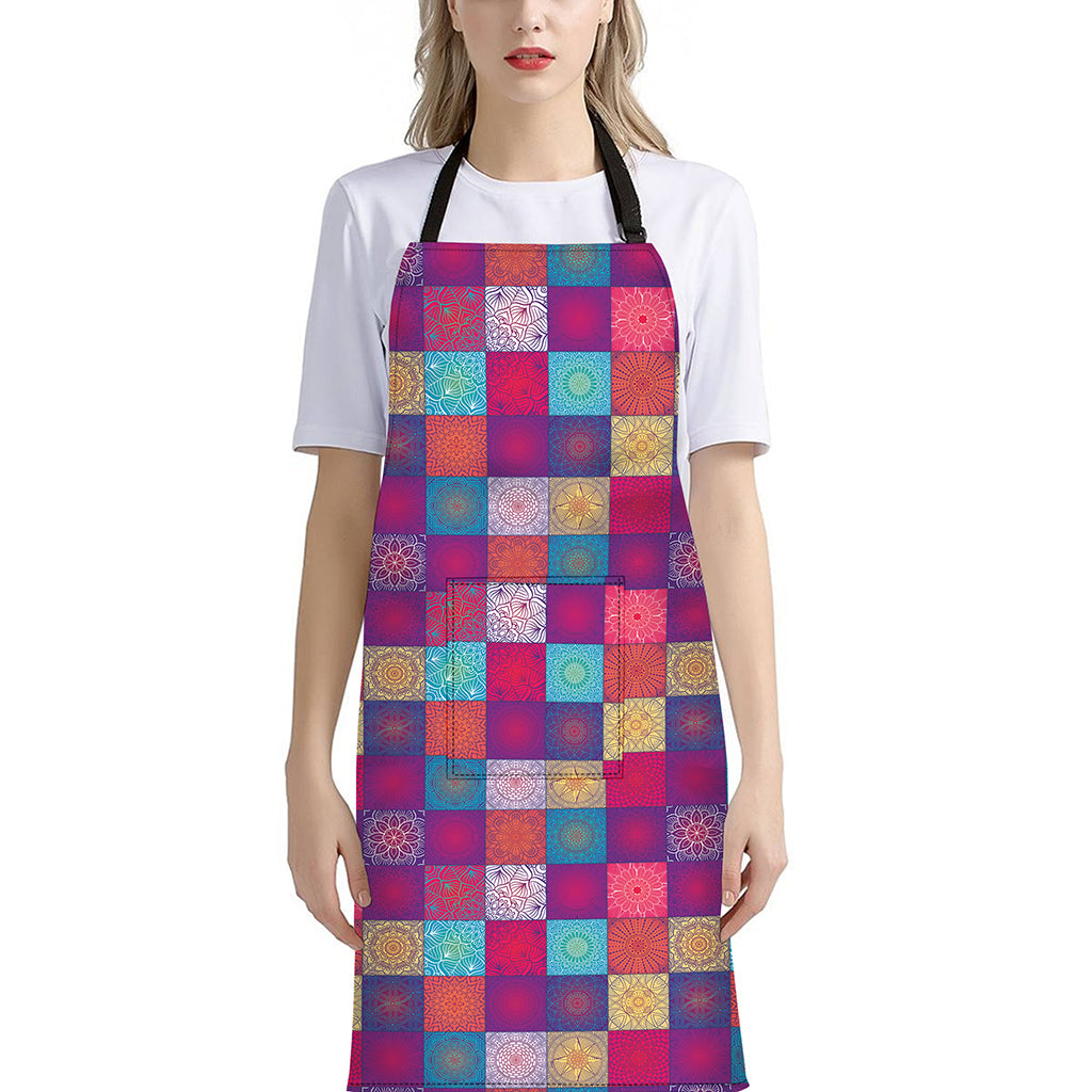 Boho Mandala Patchwork Pattern Print Bib Apron With Pocket