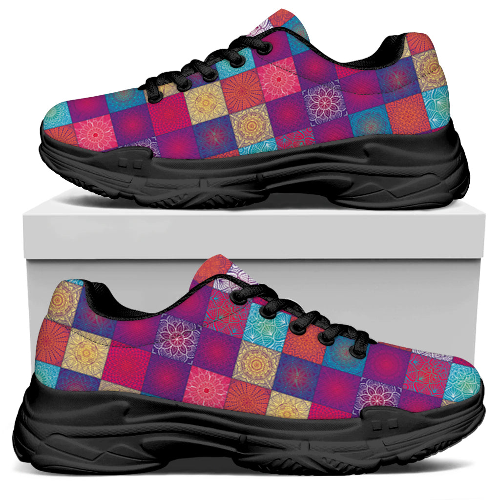 Boho Mandala Patchwork Pattern Print Black Chunky Shoes