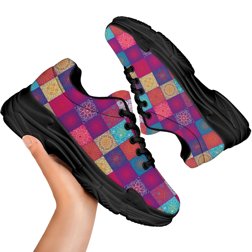 Boho Mandala Patchwork Pattern Print Black Chunky Shoes