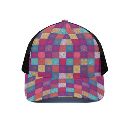 Boho Mandala Patchwork Pattern Print Black Mesh Trucker Cap