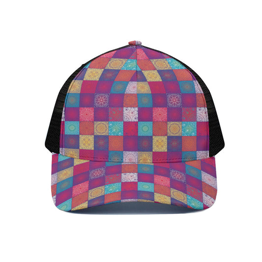Boho Mandala Patchwork Pattern Print Black Mesh Trucker Cap