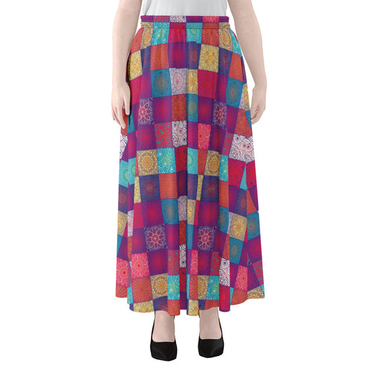 Boho Mandala Patchwork Pattern Print Chiffon Maxi Skirt