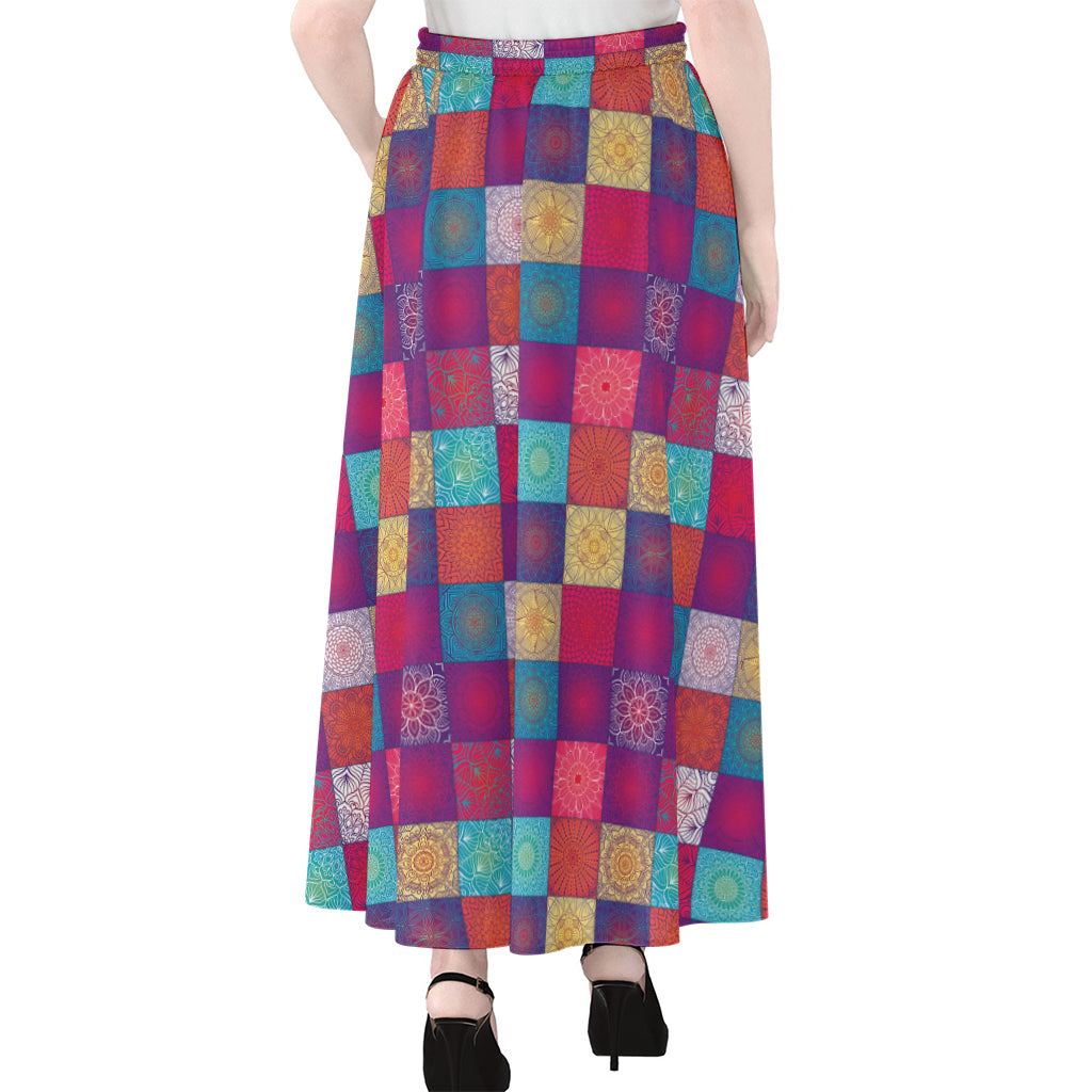Boho Mandala Patchwork Pattern Print Chiffon Maxi Skirt