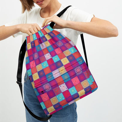 Boho Mandala Patchwork Pattern Print Drawstring Backpack