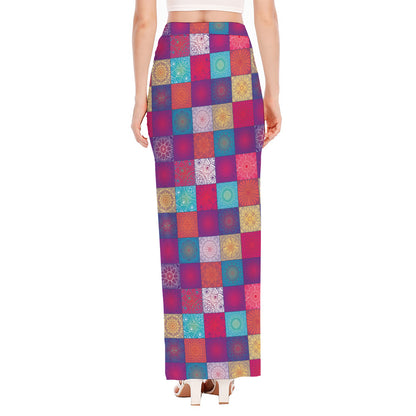 Boho Mandala Patchwork Pattern Print High Slit Maxi Skirt