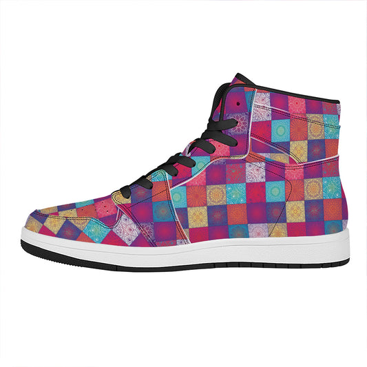 Boho Mandala Patchwork Pattern Print High Top Leather Sneakers