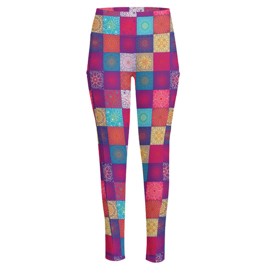 Boho Mandala Patchwork Pattern Print High-Waisted Pocket Leggings