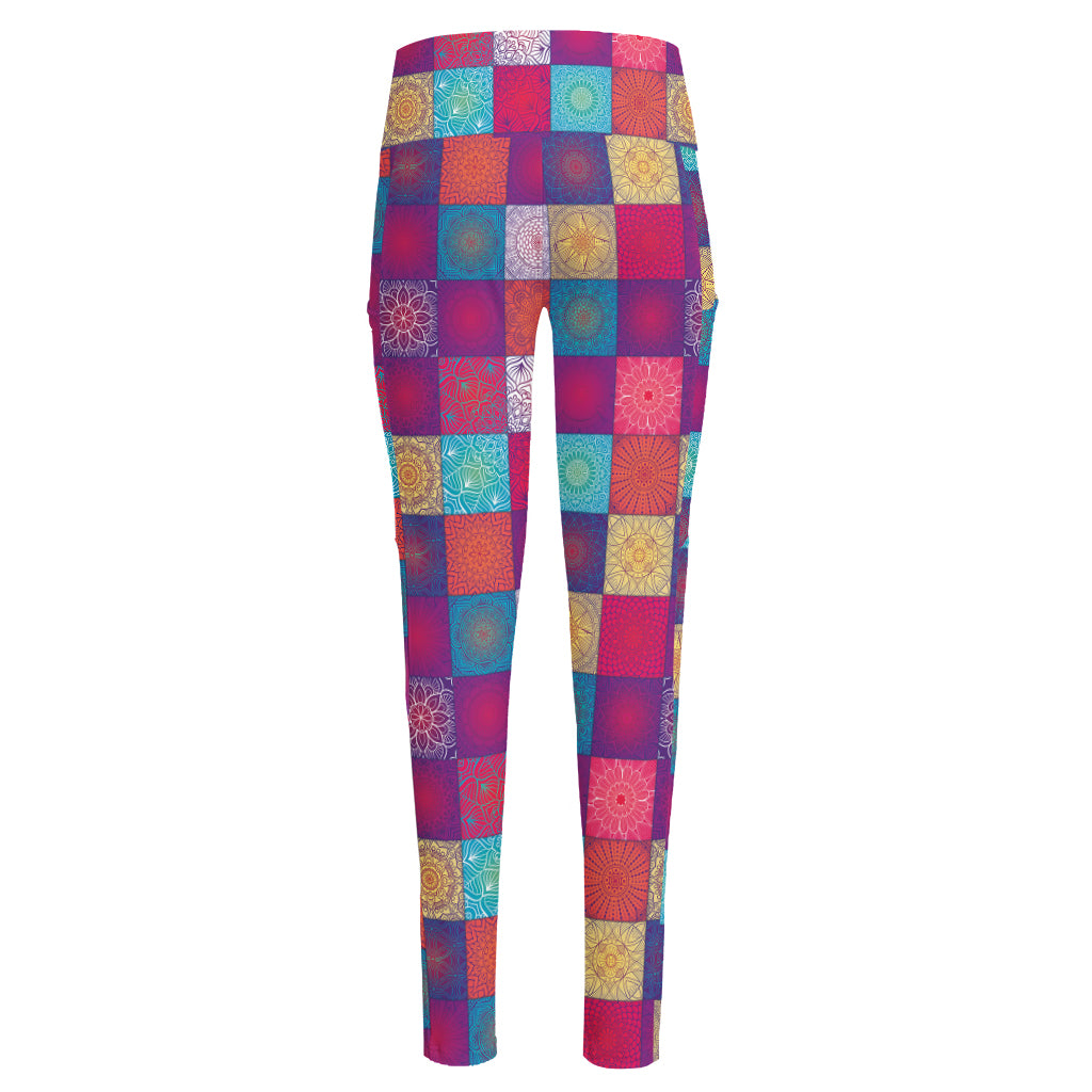 Boho Mandala Patchwork Pattern Print High-Waisted Pocket Leggings