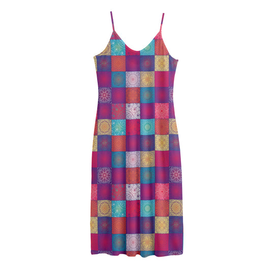 Boho Mandala Patchwork Pattern Print Jersey Midi Cami Dress