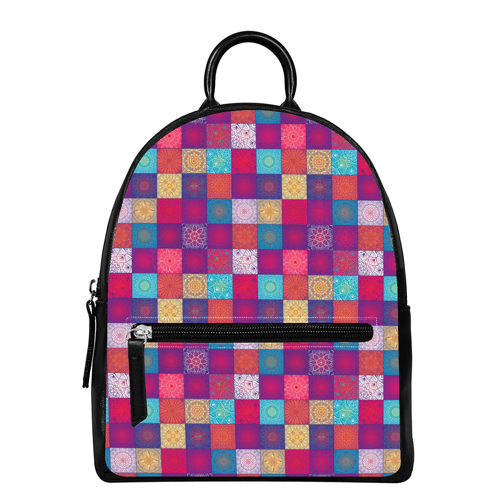Boho Mandala Patchwork Pattern Print Leather Backpack