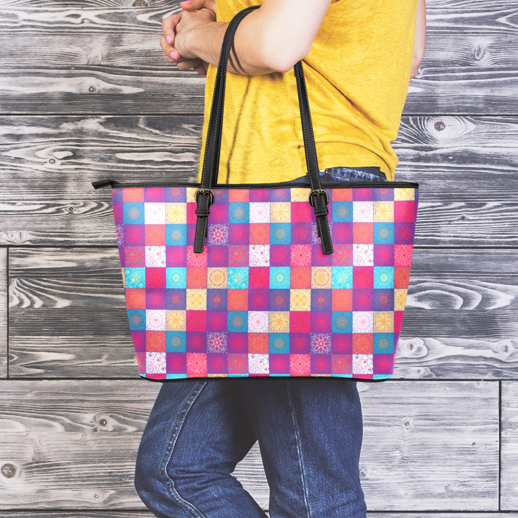 Boho Mandala Patchwork Pattern Print Leather Tote Bag