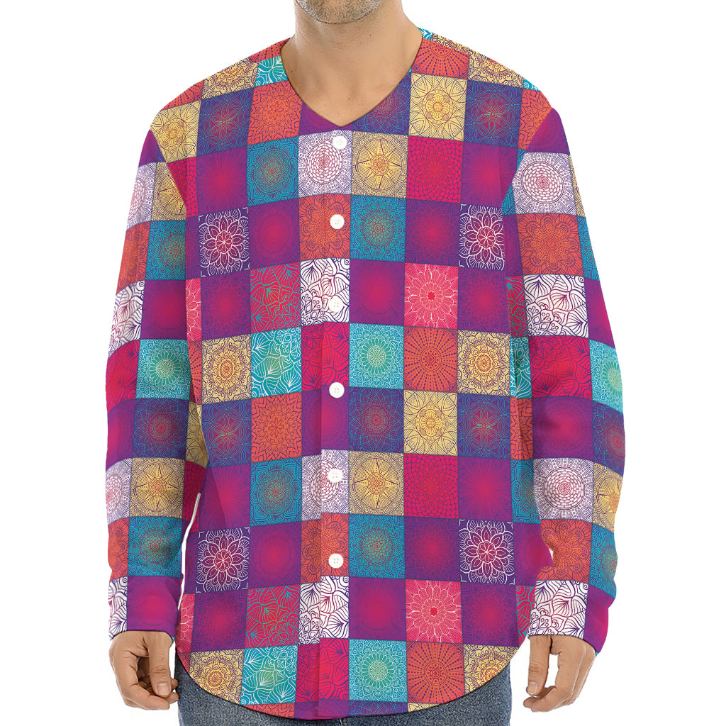 Boho Mandala Patchwork Pattern Print Long Sleeve Baseball Jersey