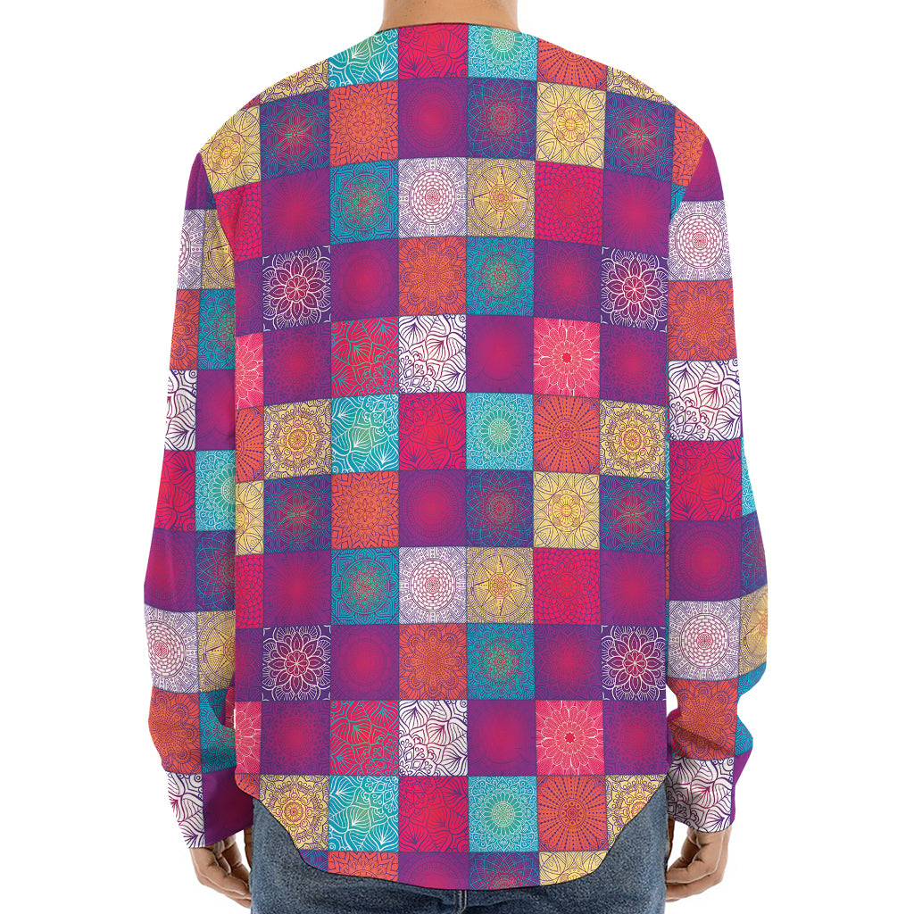 Boho Mandala Patchwork Pattern Print Long Sleeve Baseball Jersey