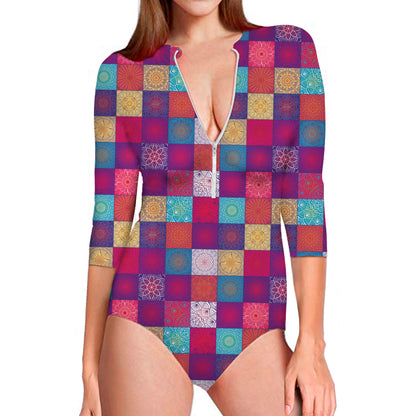 Boho Mandala Patchwork Pattern Print Long Sleeve Swimsuit