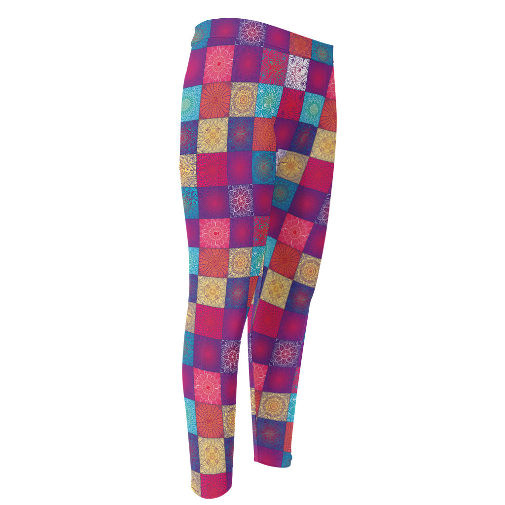 Boho Mandala Patchwork Pattern Print Men's Compression Pants