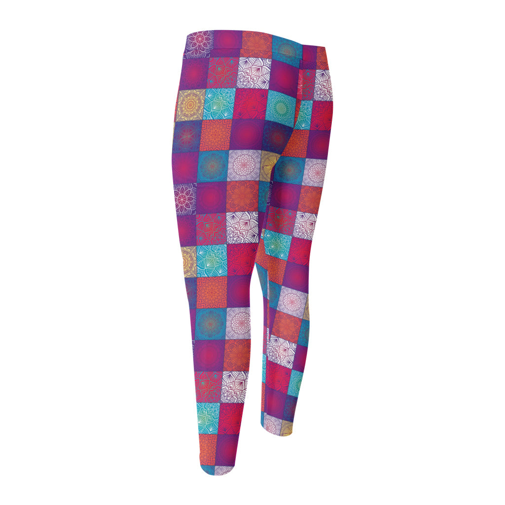 Boho Mandala Patchwork Pattern Print Men's Compression Pants